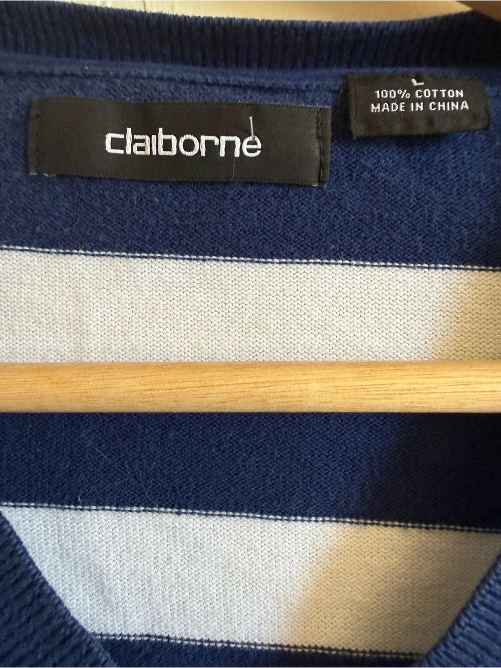 Claiborne Men’s Large Blue White Striped V-Neck Cotton Sweater - Picture 2 of 4